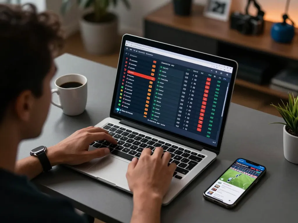 Place bets strategically on LC88 while analyzing sports odds from a laptop.