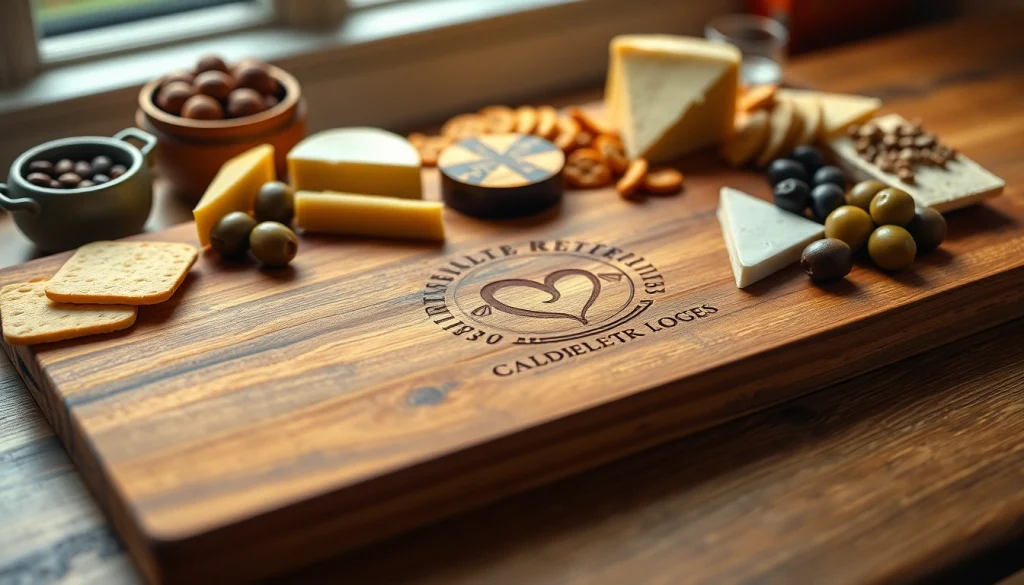 Uitzonderlijke borrelplank met logo met gastronomische kazen en olijven, elegant gegraveerd.