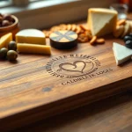 Uitzonderlijke borrelplank met logo met gastronomische kazen en olijven, elegant gegraveerd.
