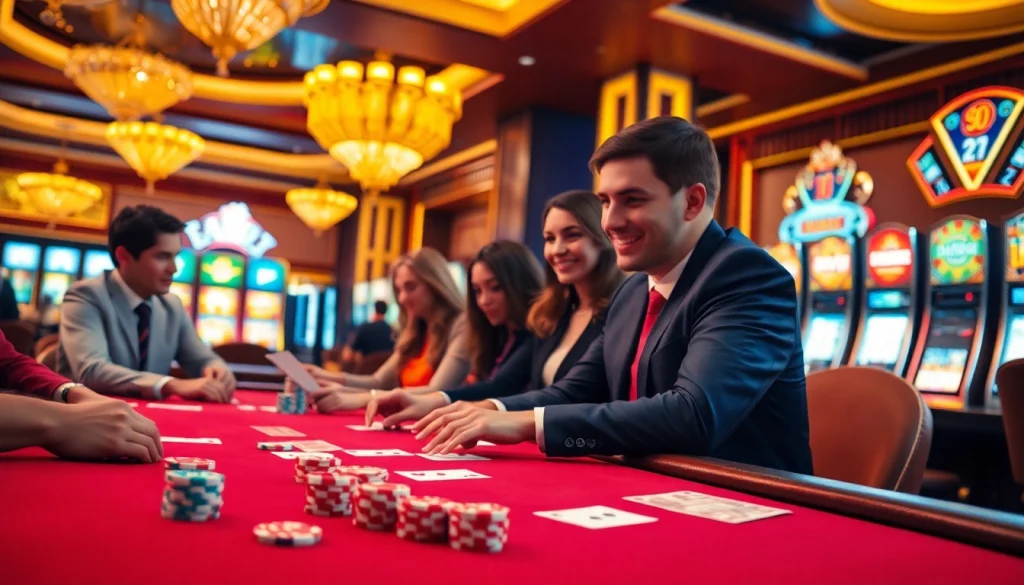 Crowd enjoying a game bài at a vibrant casino table with poker chips and cards.
