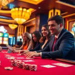 Crowd enjoying a game bài at a vibrant casino table with poker chips and cards.