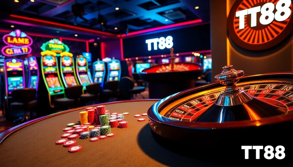 Engaged gamblers enjoying games at TT88 casino, showcasing poker, chips, and roulette excitement.