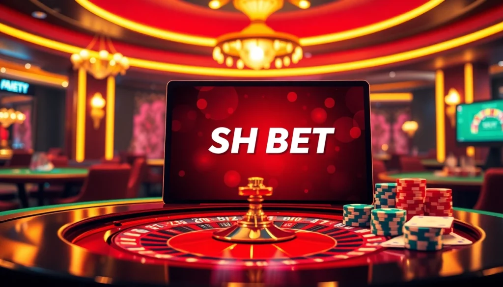 Experience the thrill of SH BET at a luxury casino with vibrant roulette and poker elements.