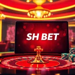 Experience the thrill of SH BET at a luxury casino with vibrant roulette and poker elements.