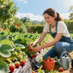 Growing strawberries in a sunny garden, aardbeienplanten kopen for a vibrant harvest.