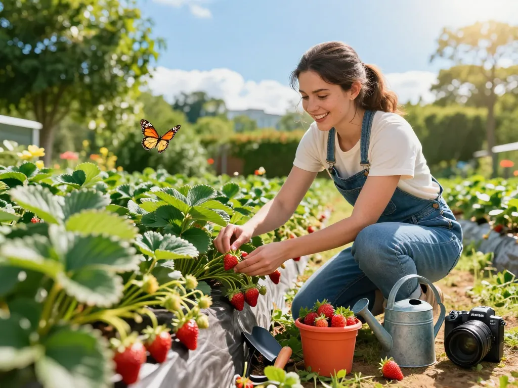 Growing strawberries in a sunny garden, aardbeienplanten kopen for a vibrant harvest.