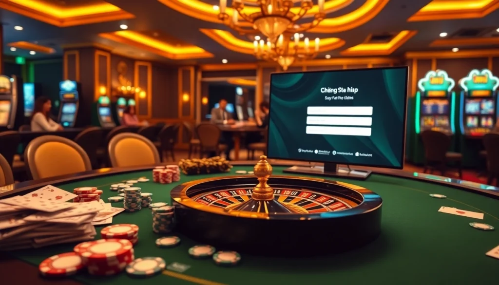 Engaging scene showcasing Đăng nhập S8, with lively casino tables, poker chips, and vibrant players.