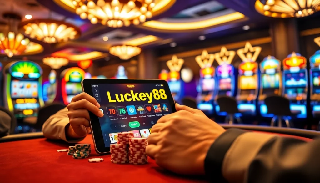 Player enjoying a lively casino atmosphere with the App Lucky88 on a tablet.