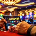 Player enjoying a lively casino atmosphere with the App Lucky88 on a tablet.