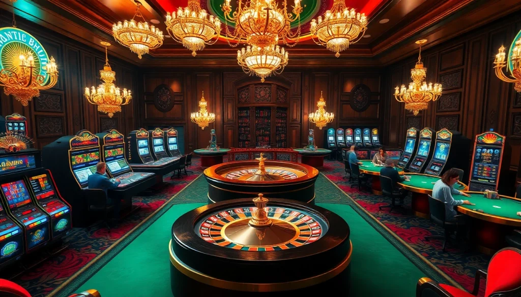 Experience thrilling gameplay with vibrant casino elements at https://sky88.tel/, including roulette wheels and poker tables.