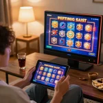 W188 player enjoying online slot games on a tablet in a cozy environment, illustrating modern gaming.