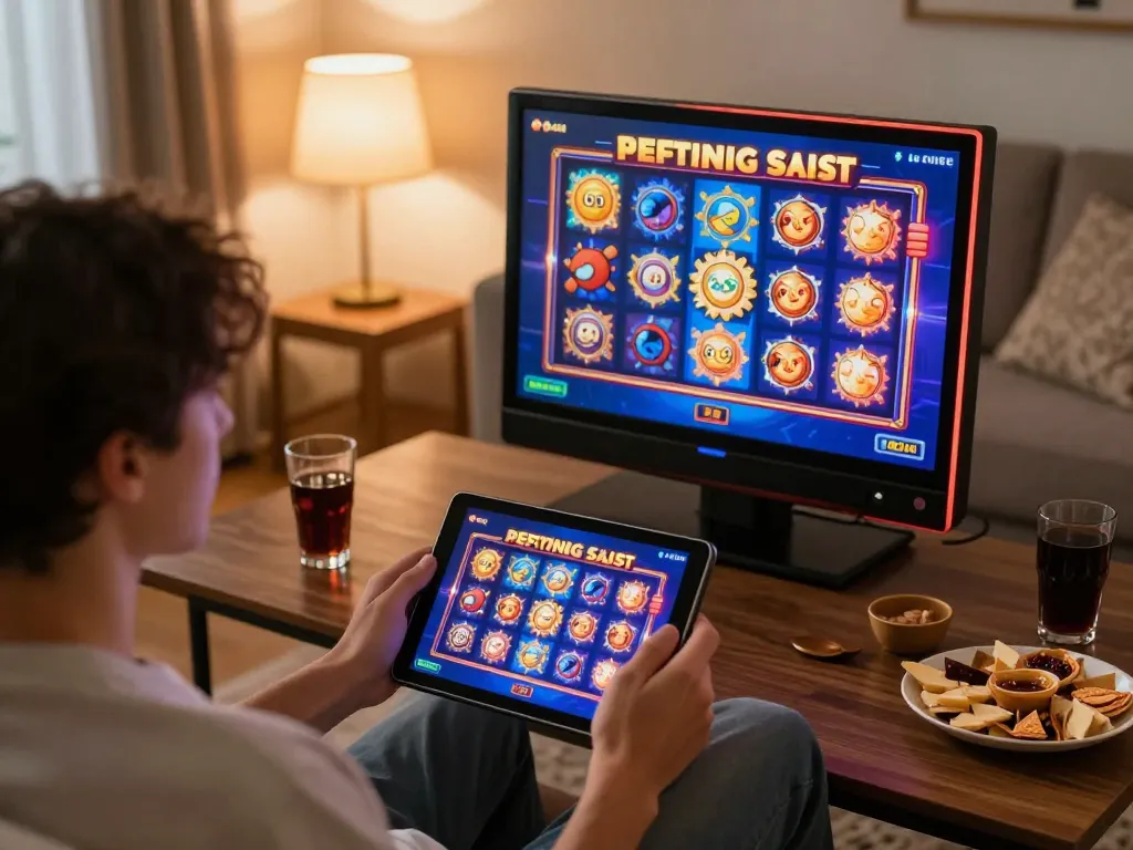W188 player enjoying online slot games on a tablet in a cozy environment, illustrating modern gaming.