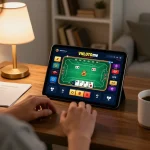 Engaging with the VNLOTO me online casino platform on a tablet, highlighting a cozy gaming environment.