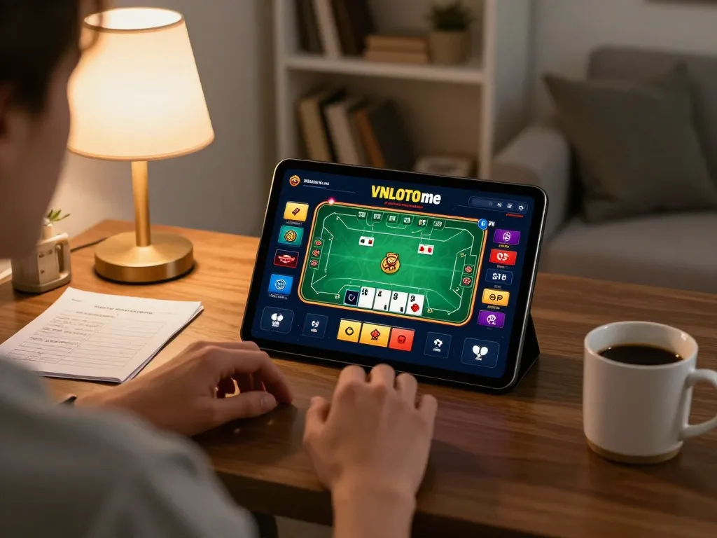Engaging with the VNLOTO me online casino platform on a tablet, highlighting a cozy gaming environment.