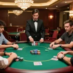 Players engaged at a luxury poker table with CM 88, strategically placing bets and enjoying the casino atmosphere.