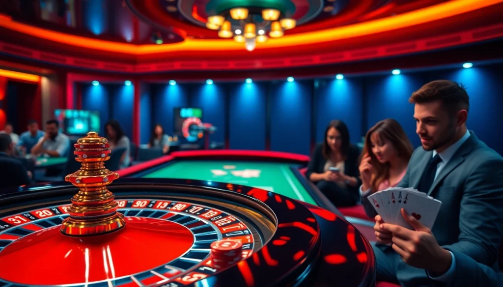 Experience the vibrant excitement at trang chủ mi88, featuring online gaming with roulette wheels and poker chips.