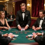 Players engaging in strategic blackjack gameplay at an upscale casino table, betting with DA88 chips.