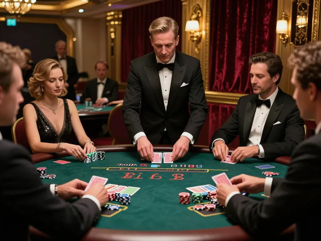 Players engaging in strategic blackjack gameplay at an upscale casino table, betting with DA88 chips.