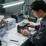 Technicus test AGM batterijen en toont geavanceerde batterijtechnologie in een moderne werkplaats.