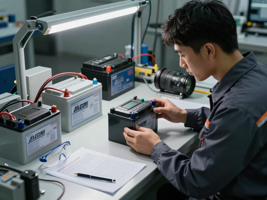 Technicus test AGM batterijen en toont geavanceerde batterijtechnologie in een moderne werkplaats.