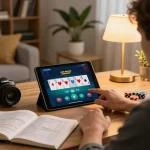 Engaging player using Da88up poker app on tablet while analyzing strategies in cozy living room