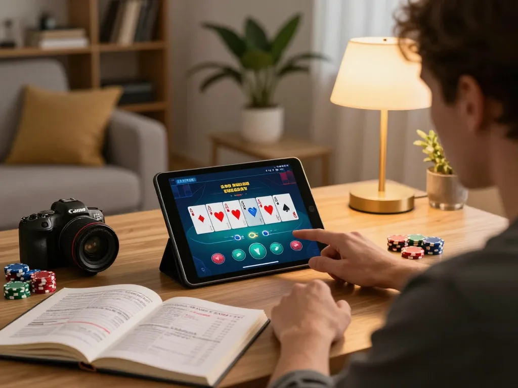 Engaging player using Da88up poker app on tablet while analyzing strategies in cozy living room