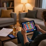 Engaging in thrilling gaming on #loto188 tablet inside a cozy home setting.