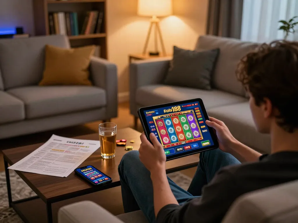 Engaging in thrilling gaming on #loto188 tablet inside a cozy home setting.