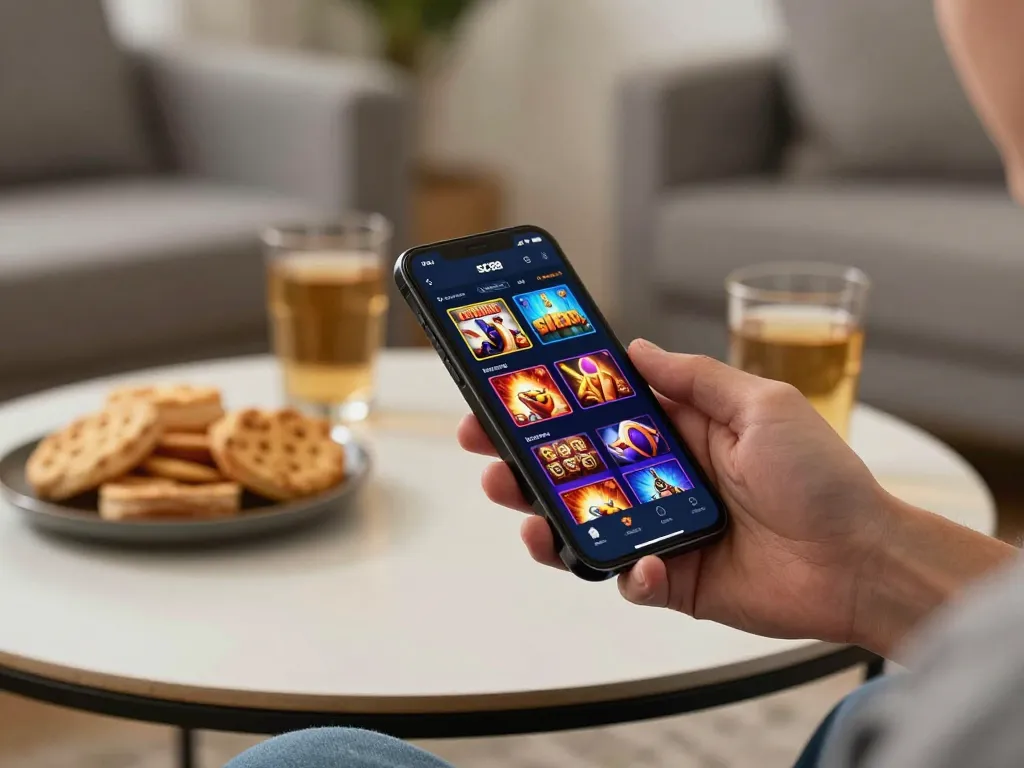 Player engaging with the SC88 mobile app for betting and casino games with a stylish background.