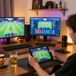 Engaging in thrilling sports betting on the 78win platform at home, showcasing a modern gaming setup.