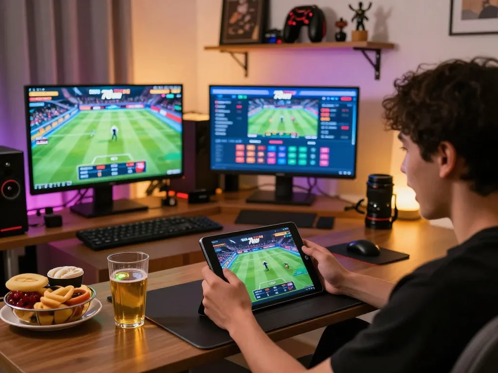 Engaging in thrilling sports betting on the 78win platform at home, showcasing a modern gaming setup.
