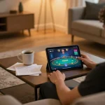 MAY88 player enjoying a poker game on a tablet with cozy ambiance enhancing home gaming experience