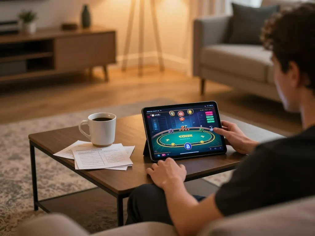 MAY88 player enjoying a poker game on a tablet with cozy ambiance enhancing home gaming experience