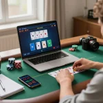 Player engaging in an exciting luck8 online poker game setup with laptop and gaming accessories