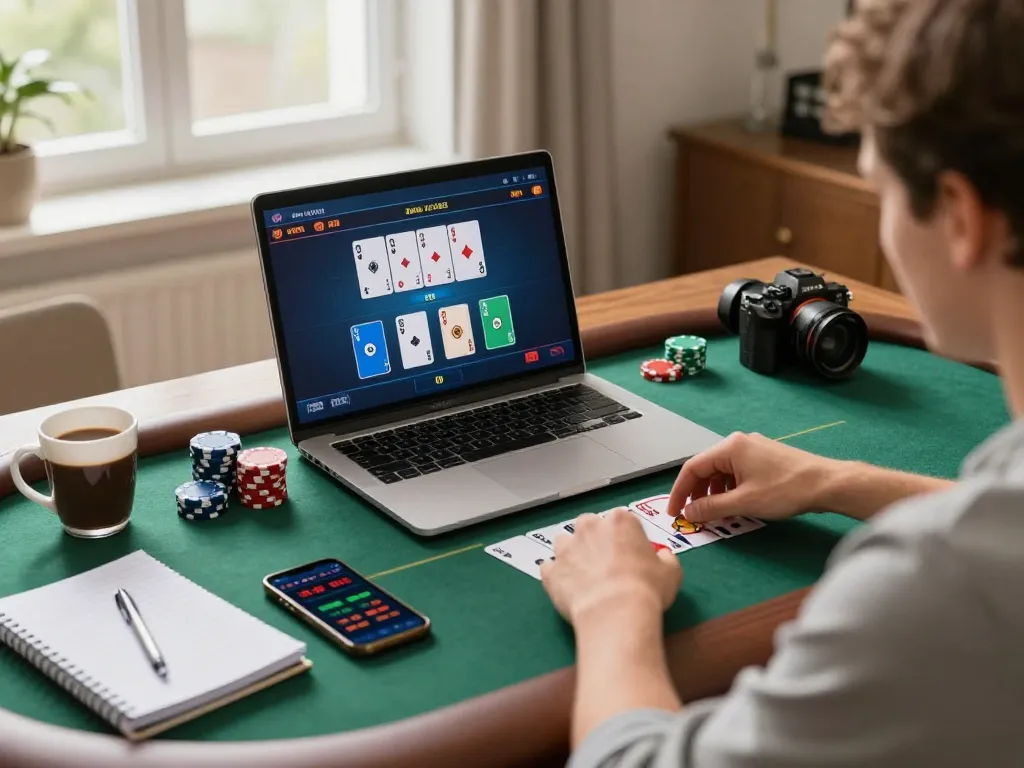 Player engaging in an exciting luck8 online poker game setup with laptop and gaming accessories