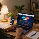 Online gamer using nhà cái sin88 platform on laptop with cozy ambiance and betting notes.