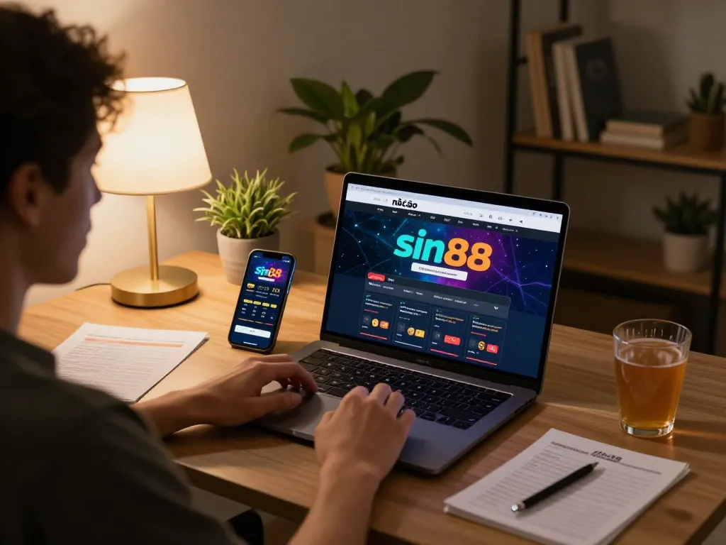 Online gamer using nhà cái sin88 platform on laptop with cozy ambiance and betting notes.