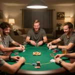 Friends enjoying a lively poker game at home with 28bets on the table.