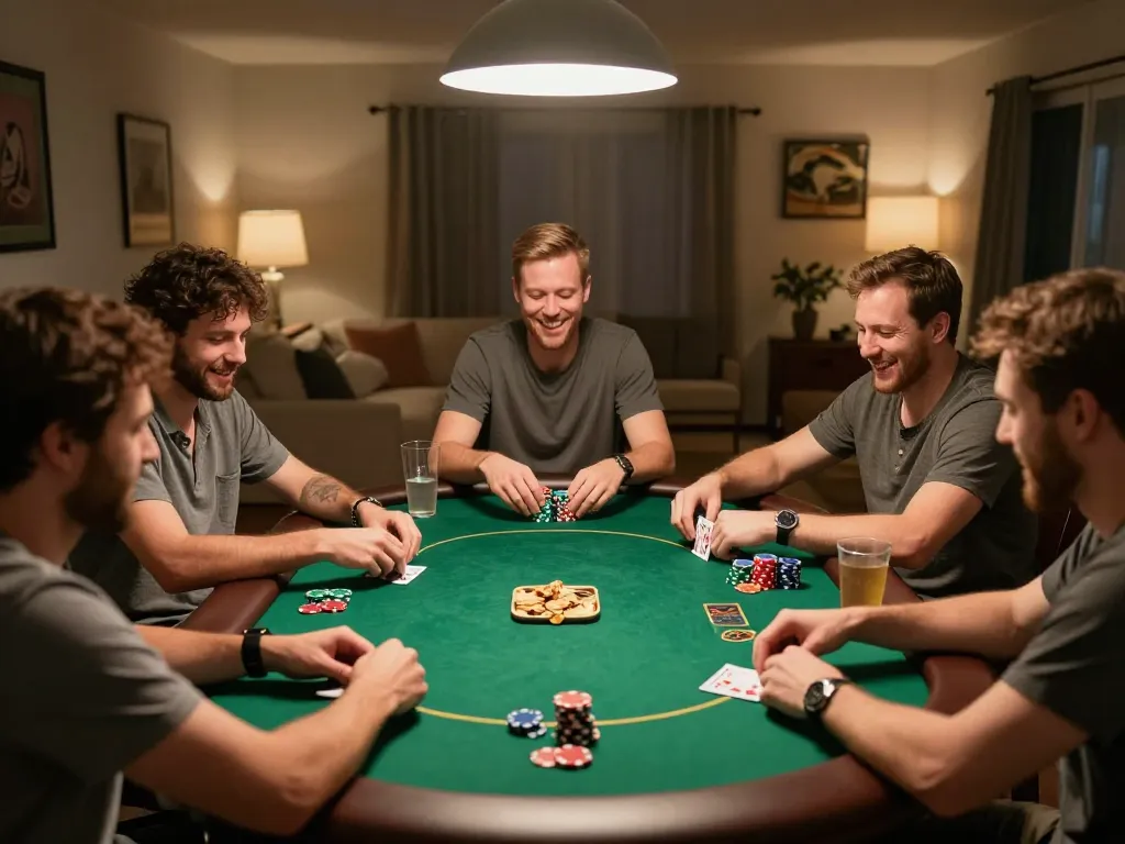 Friends enjoying a lively poker game at home with 28bets on the table.