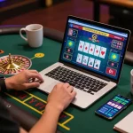 Engaging player enjoying online casino experience with vt888 live dealer action on laptop and smartphone.