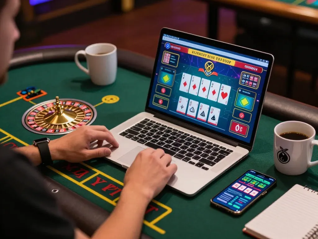 Engaging player enjoying online casino experience with vt888 live dealer action on laptop and smartphone.