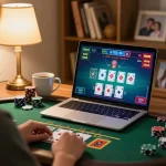 Player enjoying online blackjack with bcx88, warm home ambiance and strategic gameplay visible