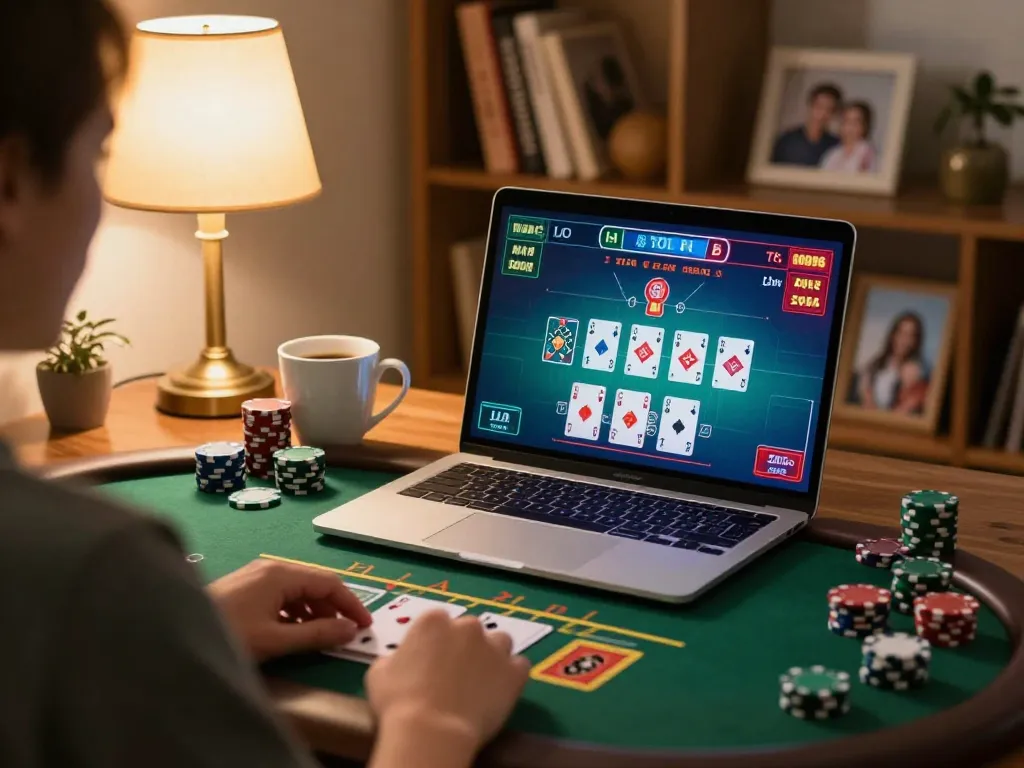 Player enjoying online blackjack with bcx88, warm home ambiance and strategic gameplay visible