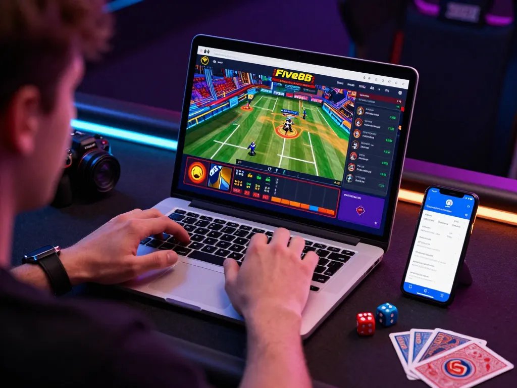 Engaging online gambling experience on Five88 platform with live sports betting, laptop and smartphone displaying vibrant game statistics.