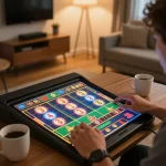 Player enjoying exciting slot games on Uk88 tablet at home, showcasing dynamic gaming experience.