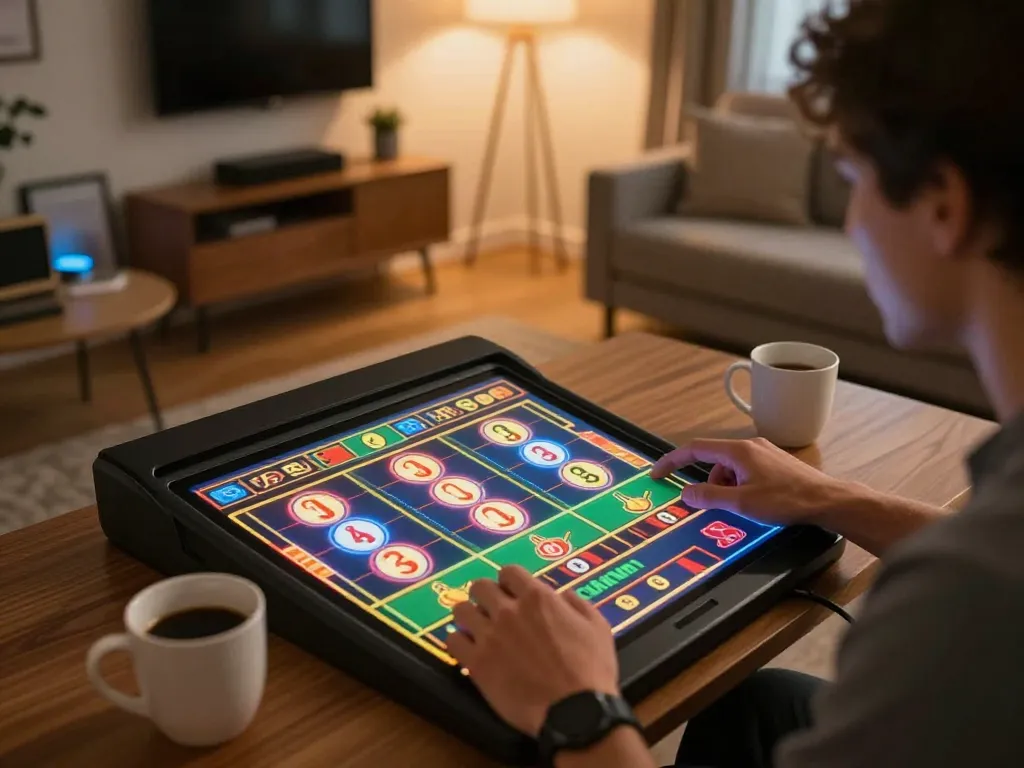 Player enjoying exciting slot games on Uk88 tablet at home, showcasing dynamic gaming experience.