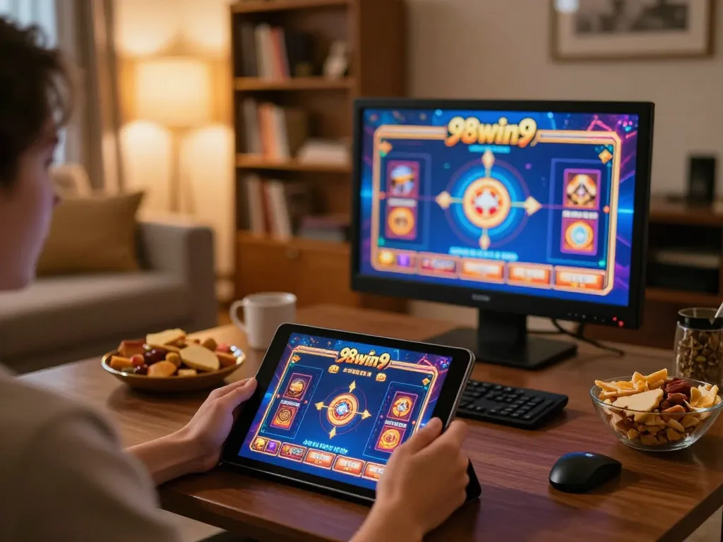 Player engaging in online games at 98win9 in a cozy home setting.