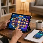 Playing the nổ hũ 888new slot game on a tablet while enjoying a cozy home setup