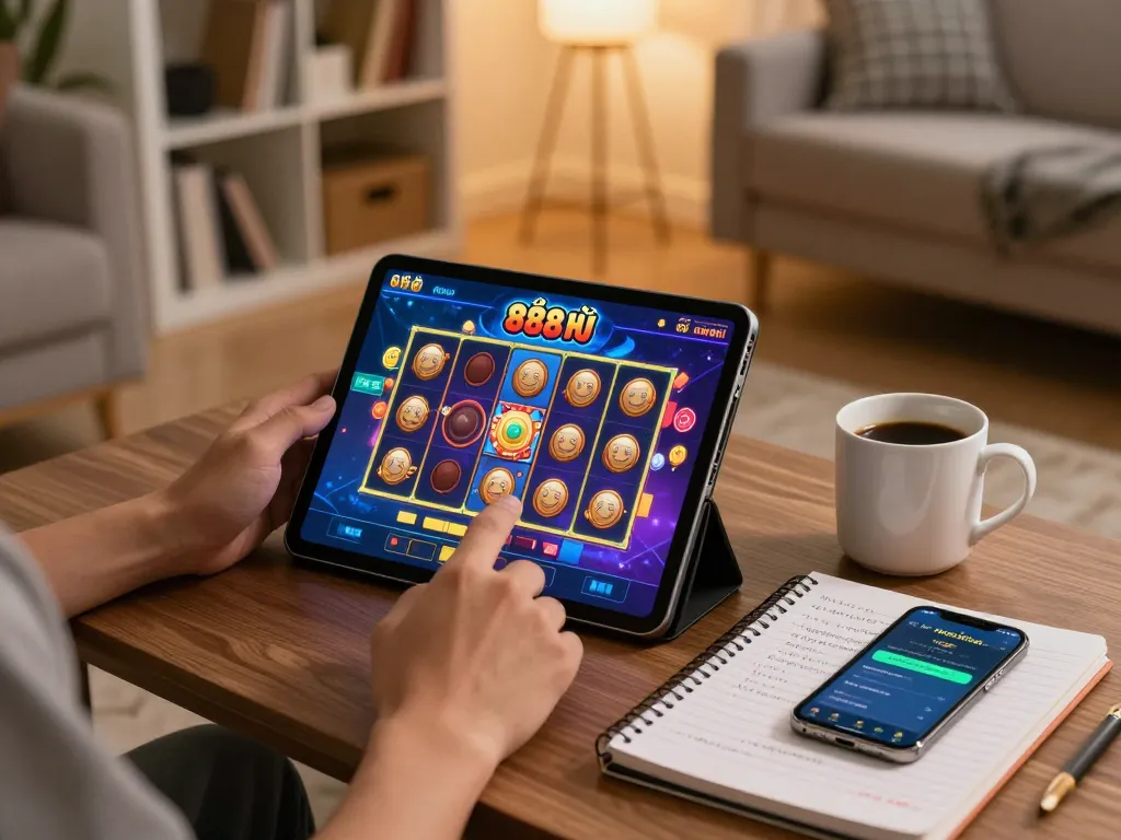 Playing the nổ hũ 888new slot game on a tablet while enjoying a cozy home setup