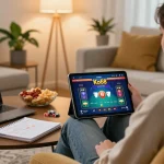 Person enjoying an engaging Ko66 poker game on a tablet in a cozy home environment, showcasing a strategic gaming atmosphere.